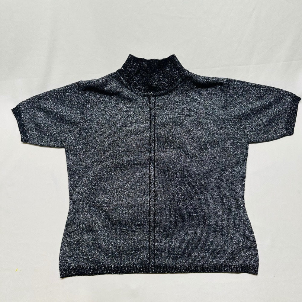 First Issue Liz Claiborne Vintage Black Metallic Short Sleeve Sweater Womens‎ M